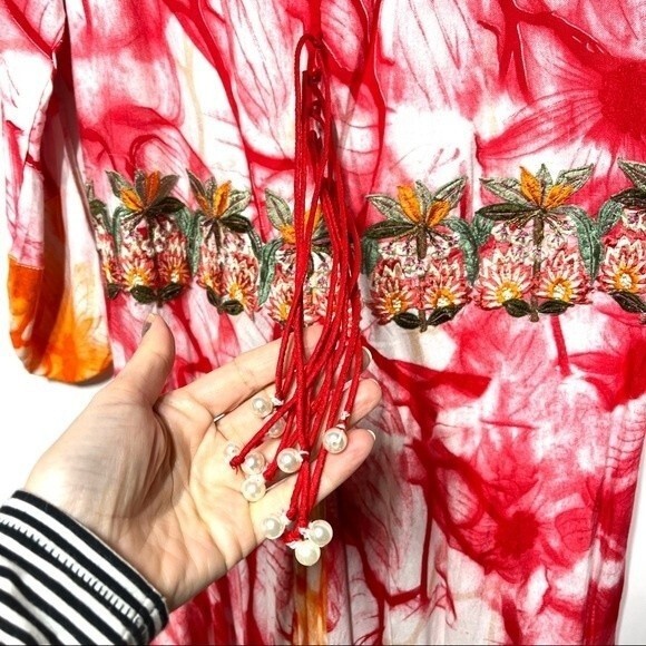 Tie Dye Water Color Embroidered Waist Maxi Dress in Red, Orange and White L - Picture 3 of 12
